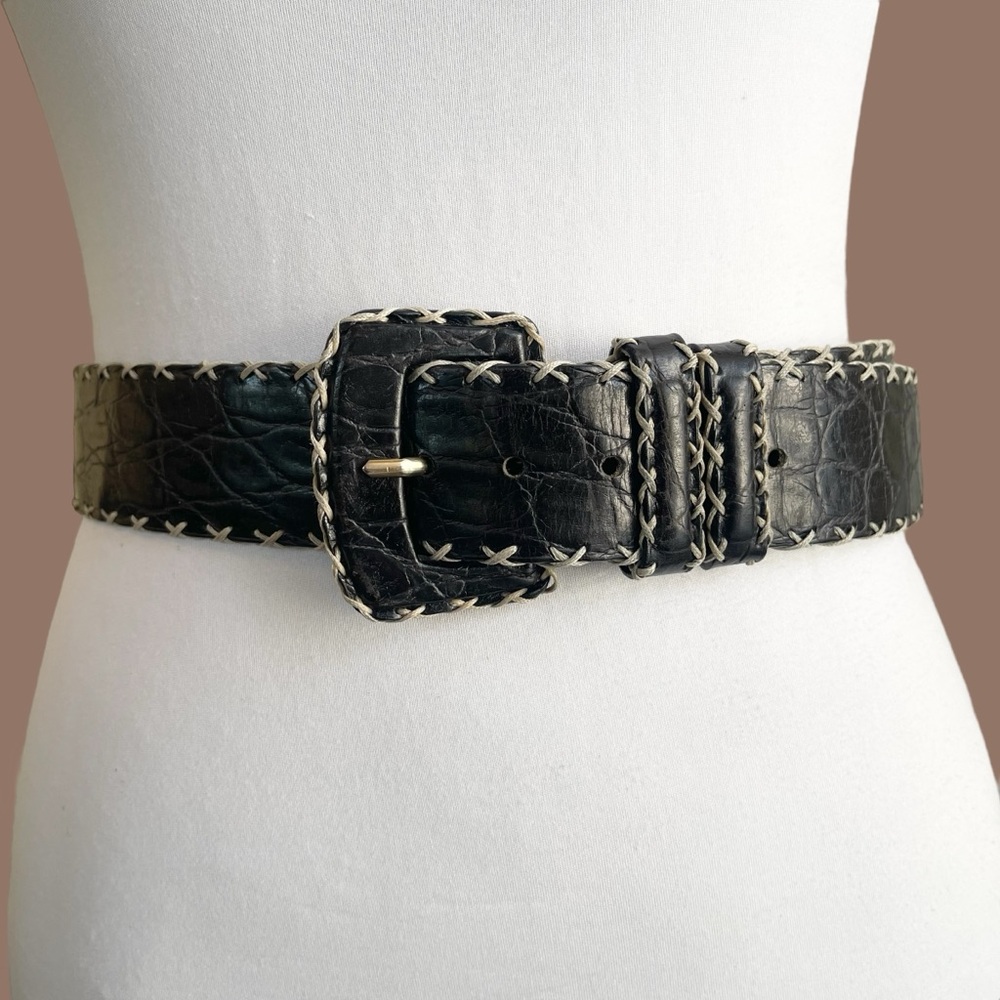Italian Leather Black Croc Embossed Wide Waist Oversized Belt Maximalist Size S